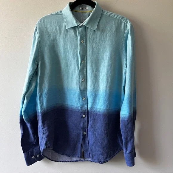 Bugatchi men’s Medium Uomo Ombre Blue Button up Shirt Long Sleeve Linen Blend - Picture 3 of 10